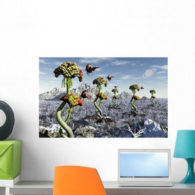 Futuristic Alien Plant Harvest Wall Decal shown on a wall
