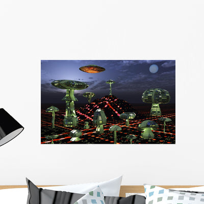 Futuristic Alien City Seen Wall Decal shown on a wall