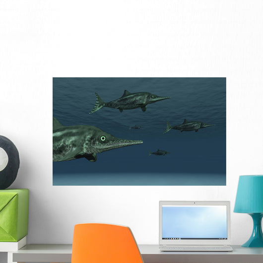 Stenopterygius Ichthyosaurs Swimming Underwater Murky Wall Decal