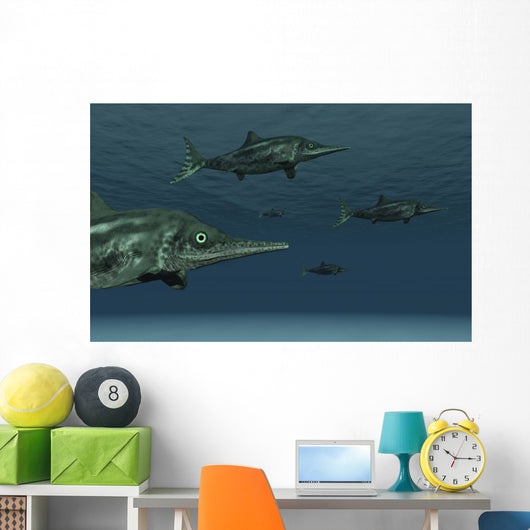 Stenopterygius Ichthyosaurs Swimming Underwater Murky Wall Decal
