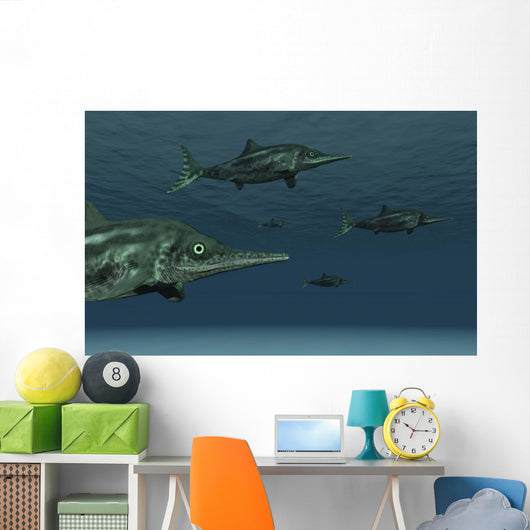Stenopterygius Ichthyosaurs Swimming Underwater Murky Wall Decal