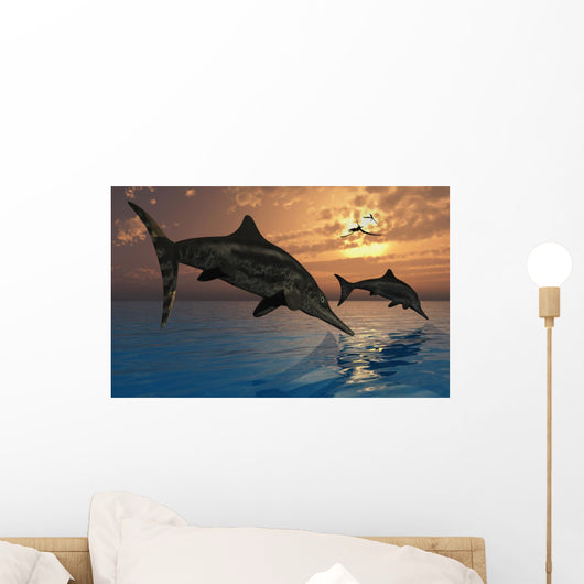 Pair Stenopterygius Ichthyosaurs Jumping Evening Wall Decal