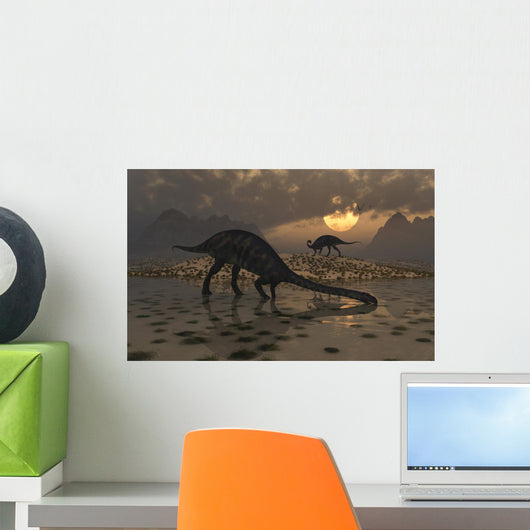 Pair Massospondylus Watering Hole Evening Wall Decal