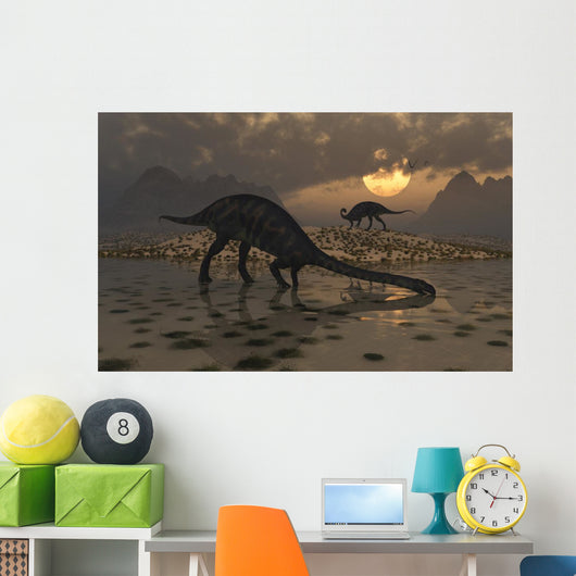 Pair Massospondylus Watering Hole Evening Wall Decal