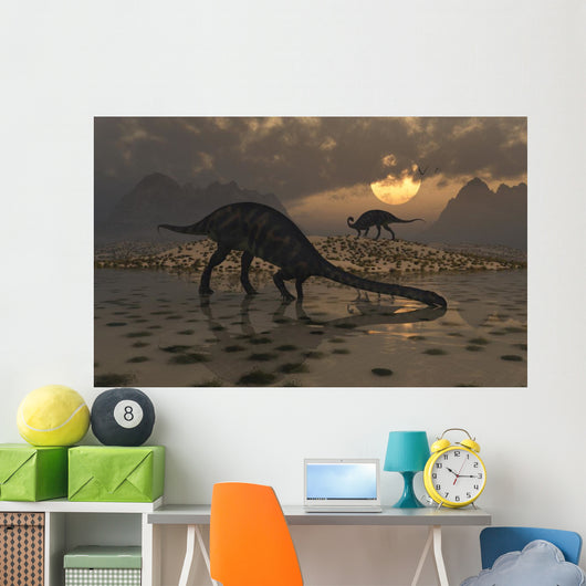 Pair Massospondylus Watering Hole Evening Wall Decal