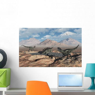 Allosaurus Dinosaurs Stalk Stegosaurus Wall Decal shown on a wall