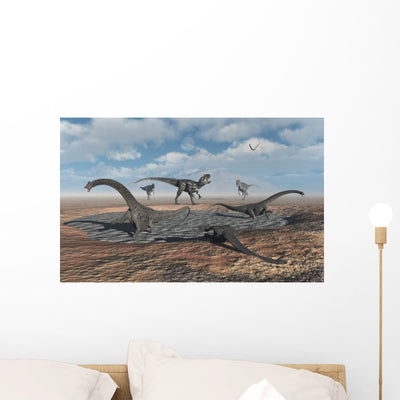 Allosaurus Dinosaurs Prey Young Wall Decal shown on a wall