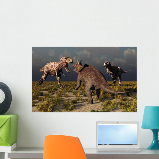 Pair T-rex Dinosaurs Attacking Evening Wall Decal