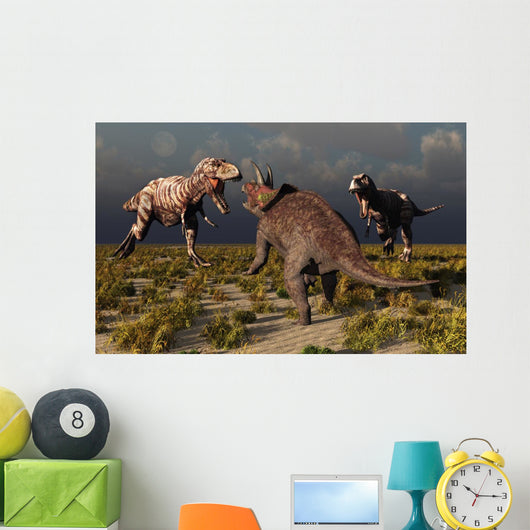 Pair T-rex Dinosaurs Attacking Evening Wall Decal