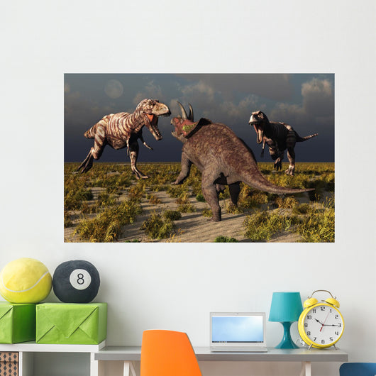 Pair T-rex Dinosaurs Attacking Evening Wall Decal