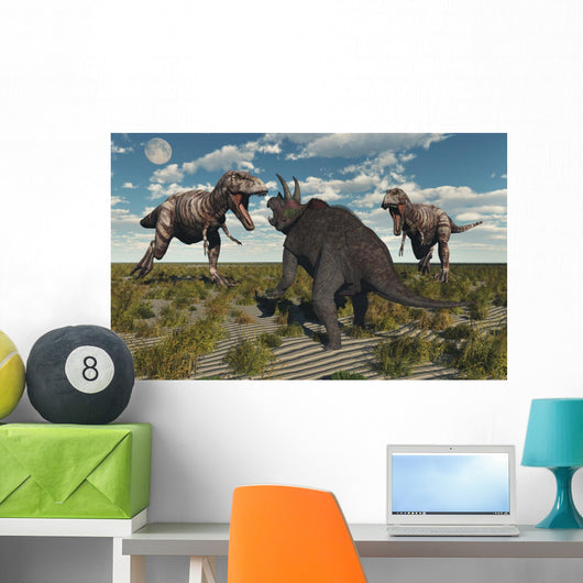Pair T-rex Dinosaurs Attacking Wall Decal