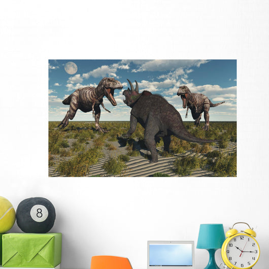 Pair T-rex Dinosaurs Attacking Wall Decal