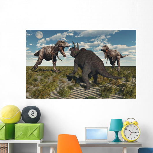 Pair T-rex Dinosaurs Attacking Wall Decal