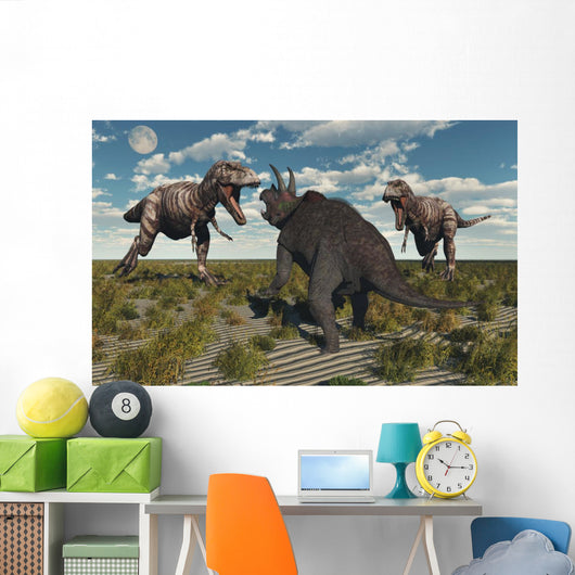 Pair T-rex Dinosaurs Attacking Wall Decal