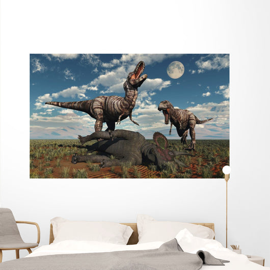Pair T-rex Dinosaurs Roaring Wall Decal