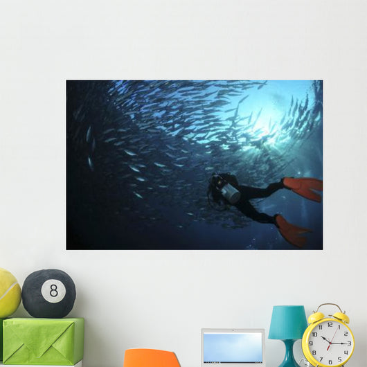 Diver Photographing School Trevally Wall Decal