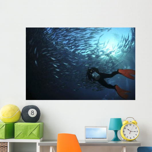 Diver Photographing School Trevally Wall Decal