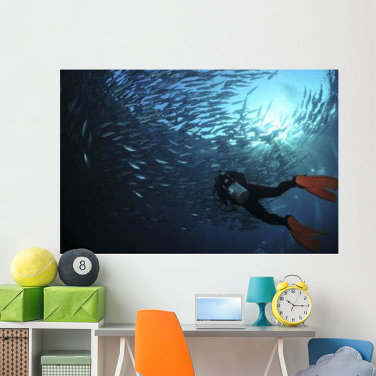 Diver Photographing School Trevally Wall Decal