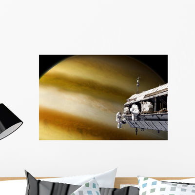 Astronauts Performing Work Space Gas Giant Horizontal Wall Decal shown on a wall