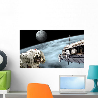 Astronauts Performing Work Space Moon Wall Decal shown on a wall