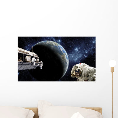 Astronauts Performing Work Space Distant Earth Wall Decal shown on a wall