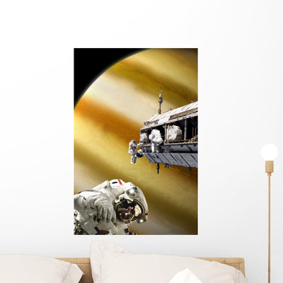 Astronauts Performing Work Space Vertical Saturn Wall Decal shown on a wall