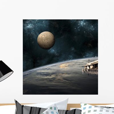 Astronauts Working Space Station Moon Wall Decal shown on a wall