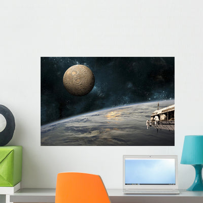 Astronauts Working Space Station Horizontal Moon Wall Decal shown on a wall