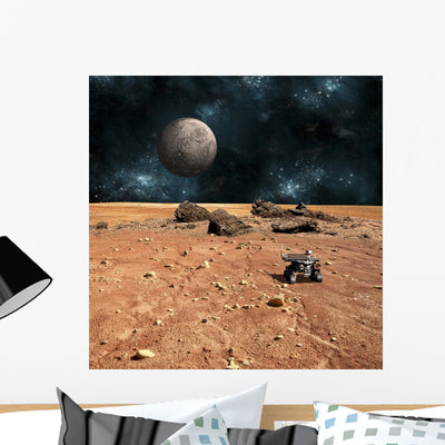 Robotic Rover Explores Alien Moon Wall Decal shown on a wall