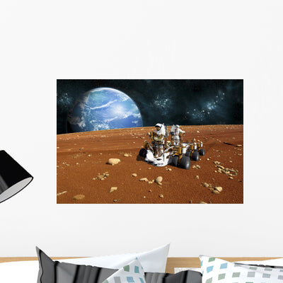 Astronauts Explore Barren Moon Horizontal Wall Decal shown on a wall