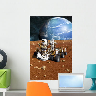 Astronauts Explore Barren Moon Wall Decal shown on a wall