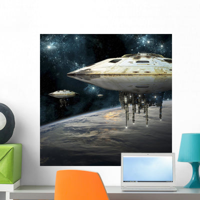 Fleet Massive Spaceships over Planet Wall Decal shown on a wall