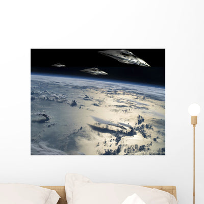 Small Fleet Flying Saucers Wall Decal shown on a wall