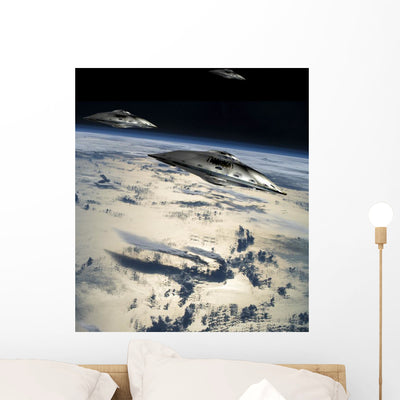 Small Fleet Flying Saucers Vertical Wall Decal shown on a wall