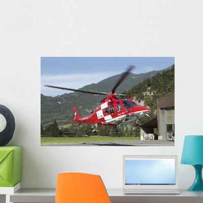 Aw109 Helicopter Swiss Air Wall Decal shown on a wall