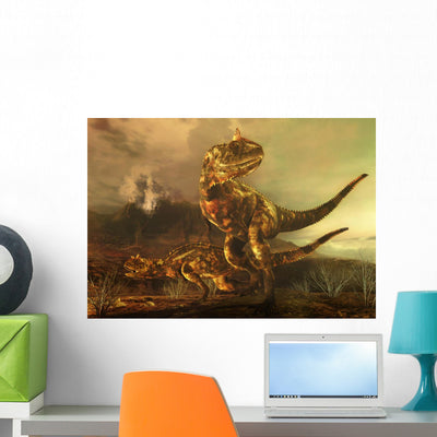 Pair Carnotaurus Dinosaurs Prowl Wall Decal shown on a wall