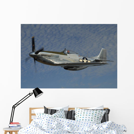 P-51d Mustang Flying against Clouds Wall Decal