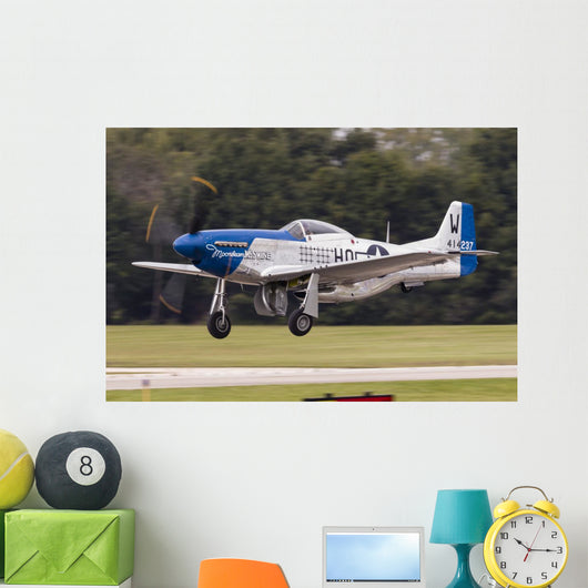 Blue P-51 Mustang Takes off Left Profile Wall Decal