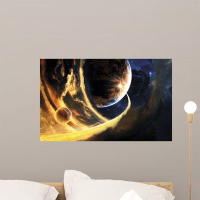 Abstract Science Fiction Scene Wall Decal shown on a wall