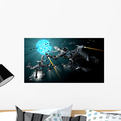 Two Warships Approaching Blue Wall Decal shown on a wall