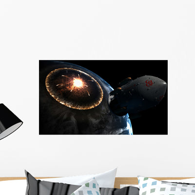 Orion-drive Spacecraft Leaving Earth Wall Decal shown on a wall