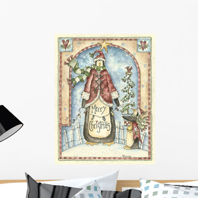 Little Penguin Holding Tree Wall Decal shown on a wall