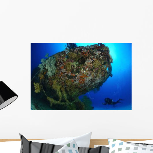 Diver under Coral Encrusted Wall Decal