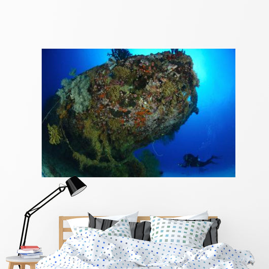 Diver under Coral Encrusted Wall Decal