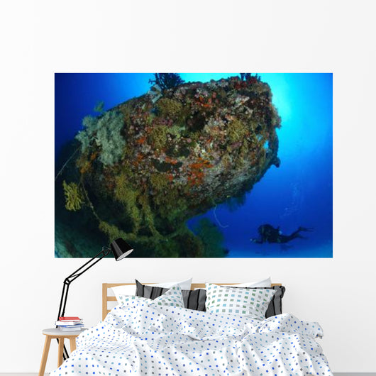 Diver under Coral Encrusted Wall Decal