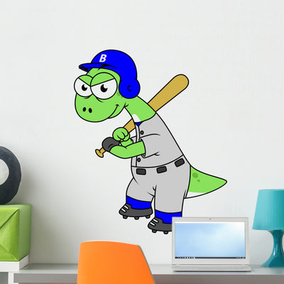 Illustration Brontosaurus Baseball Player Wall Decal shown on a wall