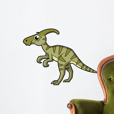 Cute Illustration Parasaurolophus Dinosaur Wall Decal Design 1 shown on a wall