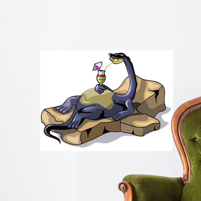 Illustration Brontosaurus Sunbathing Wall Decal shown on a wall