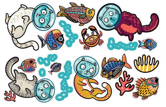 Underwater Sealife Diving Cats Wall Decal Sticker Set Wall Decal