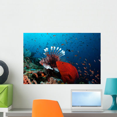 Coral Grouper and Lionfish Wall Decal shown on a wall